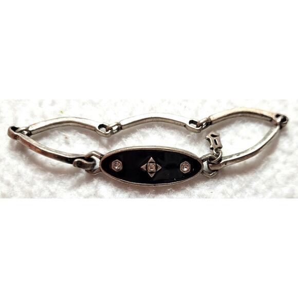 Art Deco Inspired Black Silvertone Signed G Bracelet Enamel Rhinestone Retro Y2K - Picture 4 of 5